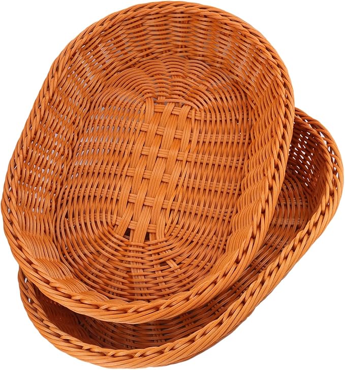 5 Pack 13.8 Inch Oval Poly Wicker Baskets, Plastic Oval Wicker Baskets, Rustic, Durable & Easy-Cleaning Wicker Bread Basket, for Home, Restaurant & Hotel Use, Brown
