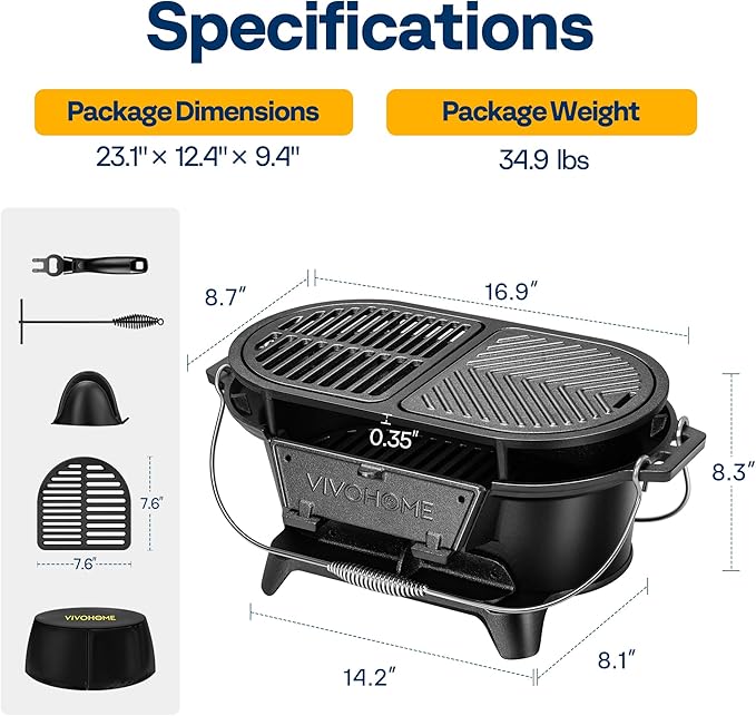 VIVOHOME Oval Cast Iron Grill with Interchangeable Grates & Griddle, 2 Furnace Doors for Heat Control, Includes Gloves, Poker and UV-Resistant Cover