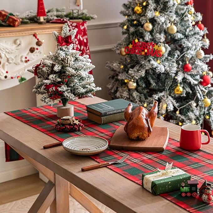 Red Green Gold Plaid Christmas Table Runner, Winter Holiday Table Runners 72 inches Long Xmas Decorations Indoor Outdoor Farmhouse Home Kitchen Dining Party Decor