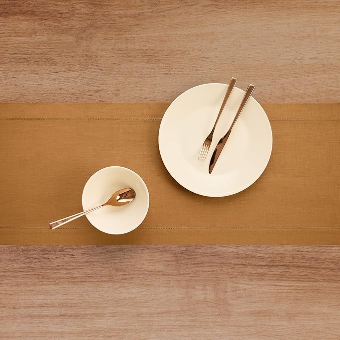 Solino Home Linen Brown Sugar Table Runner 144 Inches Long - 100% Pure Linen Extra Long Table Runner 14 x 144 Inch - Classic Hemstitch