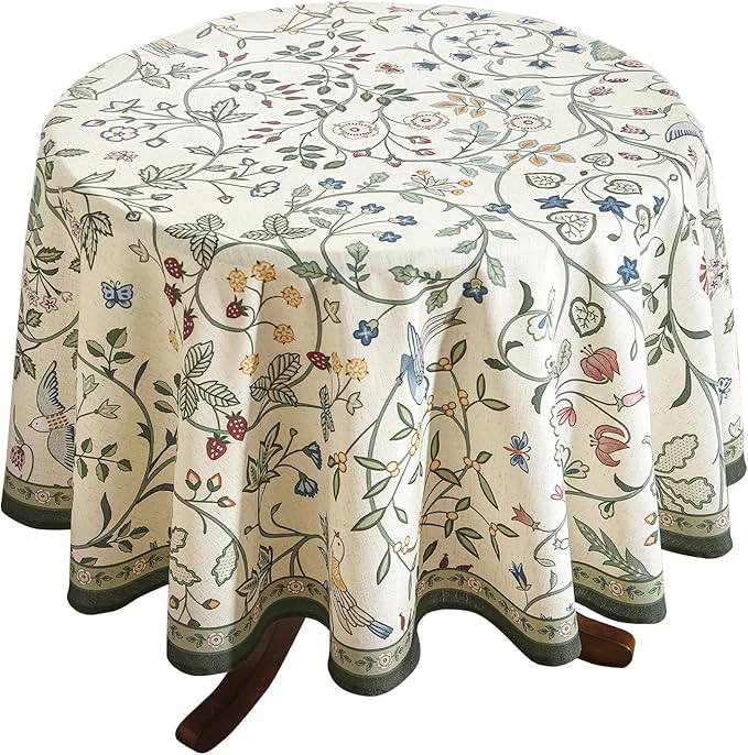 Linen 67 Inch Round Tablecloth,Wrinkle Resistant French White and Green Tablecloth Print with Froal,Decor Stitch Table Cloth for Thanksgiving,Dining Room,Home Diameter 67"-Idaho A