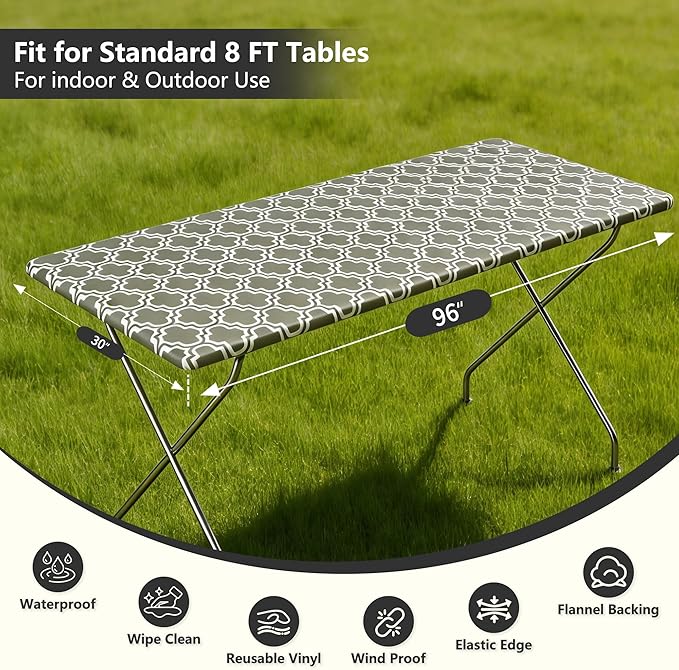 Rectangle Picnic Table Cloth, Elastic Waterproof Fitted Vinyl Tablecloths for 8 Foot Tables, Wipeable Flannel Backed Table Covers for Dining, Camping, Outdoor(Grey,30"x96")