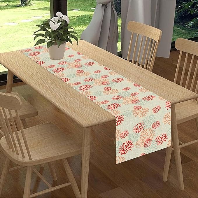 Coral Table Runner, Red Nautical Rustic Coastal Farmhouse Tropical Ocean Undersea Coffee Table Center Decor for Home Kitchen Dining Patio Holiday Party Table Decorations 13"x36"