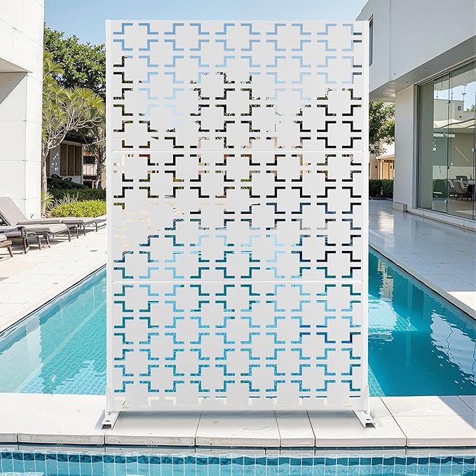 Metal Privacy Screen for Outdoor & Indoor Use, Free Standing Privacy Screen for Patio Garden Pool, 72" H x 47" W Decoative Privacy Panels, Weather Resistant, Easy Assembly (White Square)