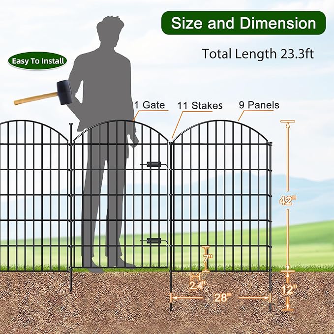 Metal Garden Fence with Gate 42in (H) x 23.3ft (L), 1 Gate+ 9 Panels Dog Fence Border Fence Animal Barrier, No Dig Garden Fencing for Yard Flower Bed Lawn Patio Outdoor, ECG4210, Black
