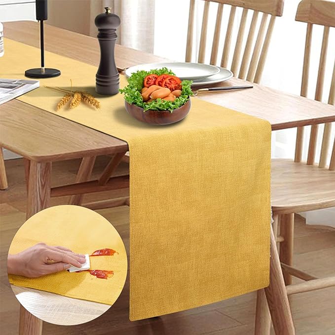 Waterproof Wipeable Farmhouse Table Runner for Kitchen, Dining Room, Bedroom, Living Room, Indoor and Outdoor (108'', Mustard Yellow)
