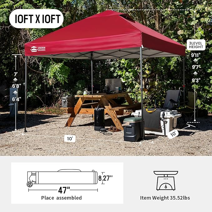 CROWN SHADES 10x10 Pop Up Canopy Tent - Patented Center Lock One Push Instant Outdoor Canopy Beach Tent with STO-N-Go Bag 8 Stakes & 4 Sand Bags，Red