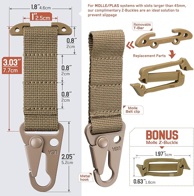 LIVANS Molle Belt Clip Key Holder Tactical Battle Belt Plate Carrier Vest Attachment Clip for Hanging Keys or Gloves, Universal Fit Molle Accessories Clip |T-Mount Clash Hook, Include Z-Buckle