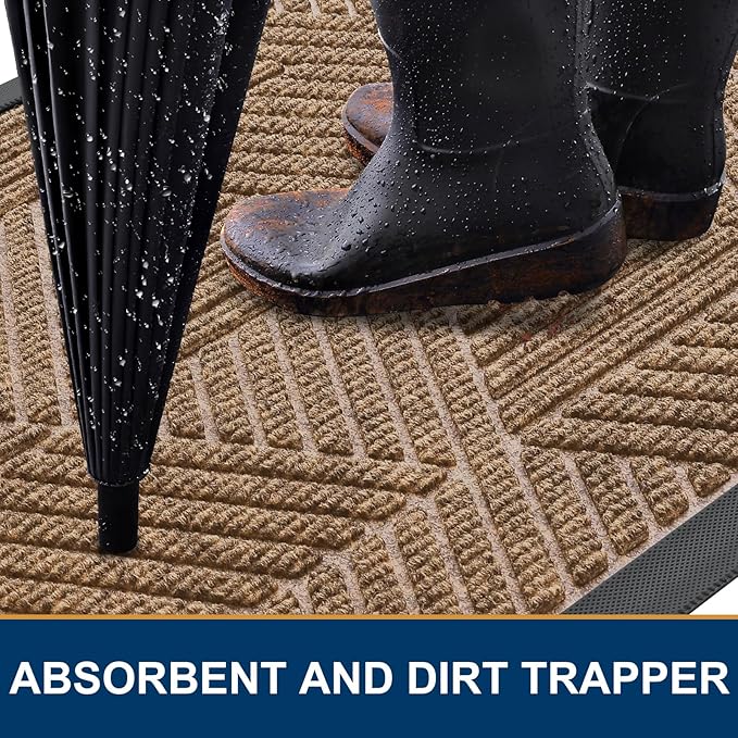 Smiry Front Door Mat Outside Entrance, Heavy Duty Sturdy Natural Rubber Doormat, Trap Dirt and Moisture, Easy Clean Low Profile Mats for Indoor Outdoor Entry, Irregular Triangle (36x24, Light Brown)