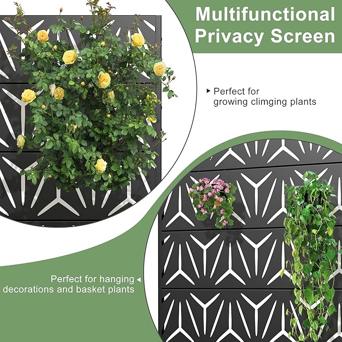 Casaphoria Metal Privacy Screen Outdoor, 72" H x 47" W Freestanding Decorative Privacy Screen for Patio Deck Balcony Garden with Stable Base, Black-stellate