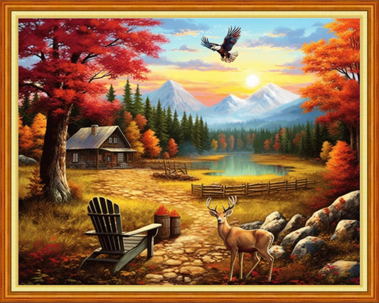 Foxdiviy Stamped Cross Stitch Kits for Beginners Full Range of Cross Stitching 11 CT Printed Cross Stitch Kits for Kids Adults Cross Stitch Patterns Needlepoint Kits-Autumn Scenery 16x20 inch