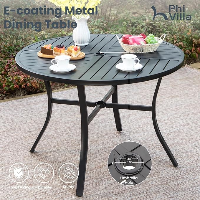 PHI VILLA Outdoor Patio Dining Set for 4, 42 Inch Round Patio Table Set with 4 Adjustable High Back Folding Patio Sling Chairs, Black