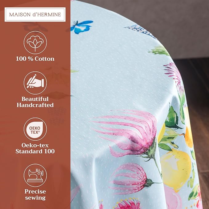 Maison d' Hermine Table Cloth Round Table 100% Cotton 63 Inches Tablecloth Reusable Decorative for Dining Room, Farmhouse, Home, Party, Festive & Wedding Spring Summer - Jardin D'Ete - Mint