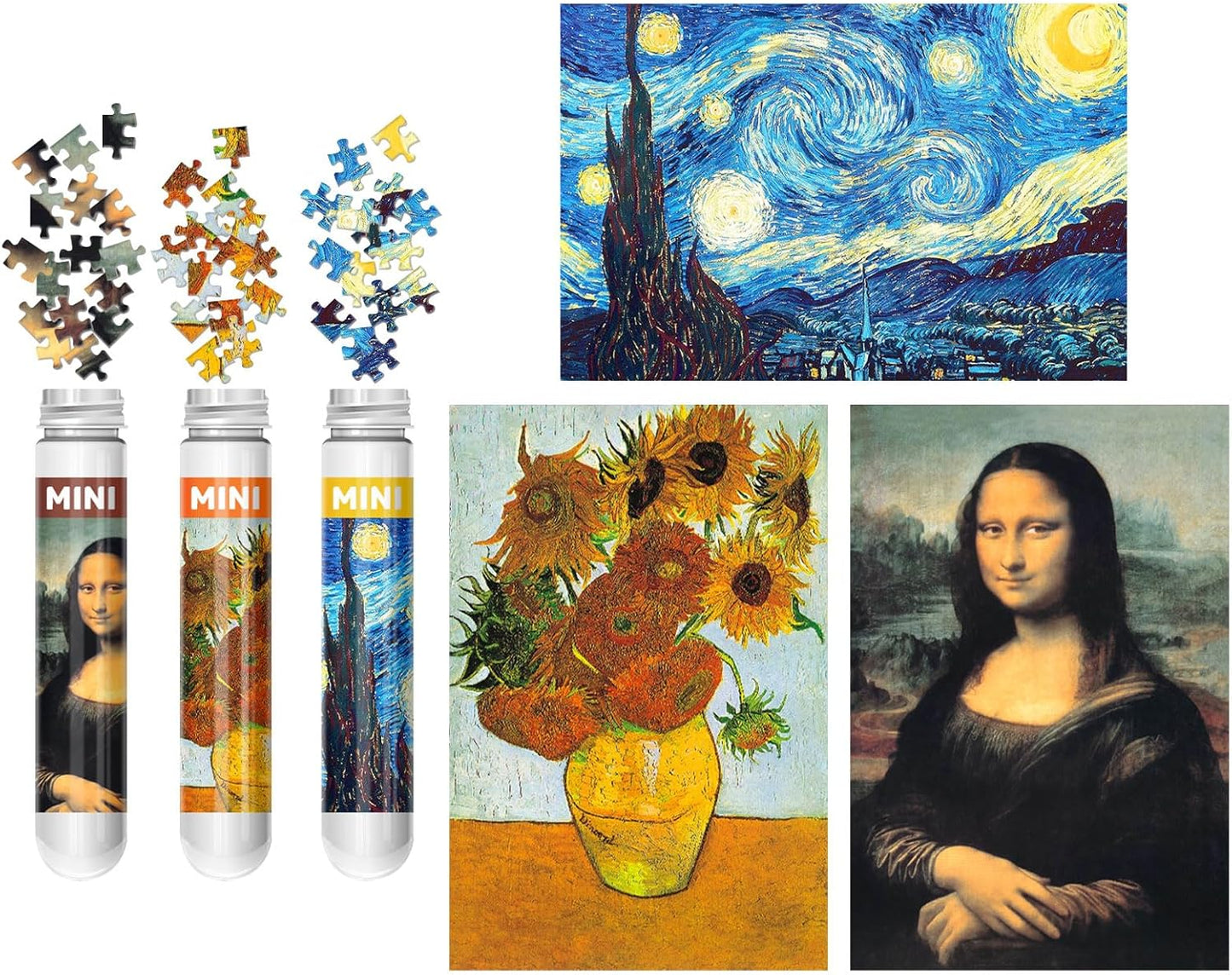 150 Puzzles Mini Jigsaw for Adults & Kids, 6 x 4 Small Capsule Tube Sets - Starry Night Mona Lisa Sunflower Pack