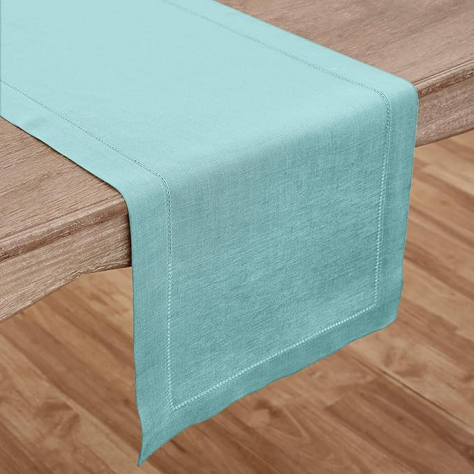 Solino Home Linen Aqua Blue Table Runner 156 Inches Long - 100% Pure Linen Extra Long Table Runner 14 x 156 Inch for Winter, Spring, Easter - Classic Hemstitch