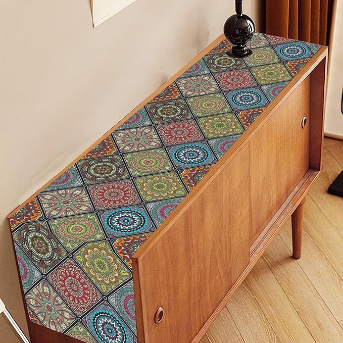 Bohemian Mandala Table Runner, Vintage Colorful Boho Geometric Floral Flower Antique Paisley Rustic Coffee Table Center Decor for Family Kitchen and Living Room Outdoor Table Decorations, 13"x90"