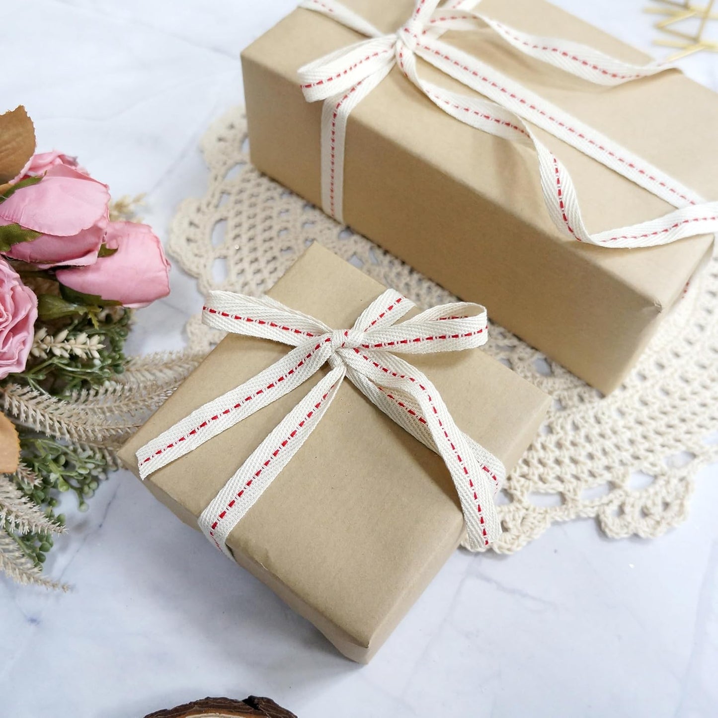 CT CRAFT LLC Ivory Cotton Red Stitched Ribbon 3/8" x 10 Yards for Home Décor Gift Present Wrapping DIY Crafts Birthday Wedding Bouquet Christmas