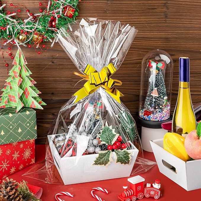 Fainne 74 Pcs Baskets for Gifts Empty Bulk DIY Empty Gift Basket Include 20 Kraft Cardboard Tray with Handles 30 Bags 24 Bows for Christmas Thanksgiving Birthdays Snacks Party, 8" x 6" x 3"(White)