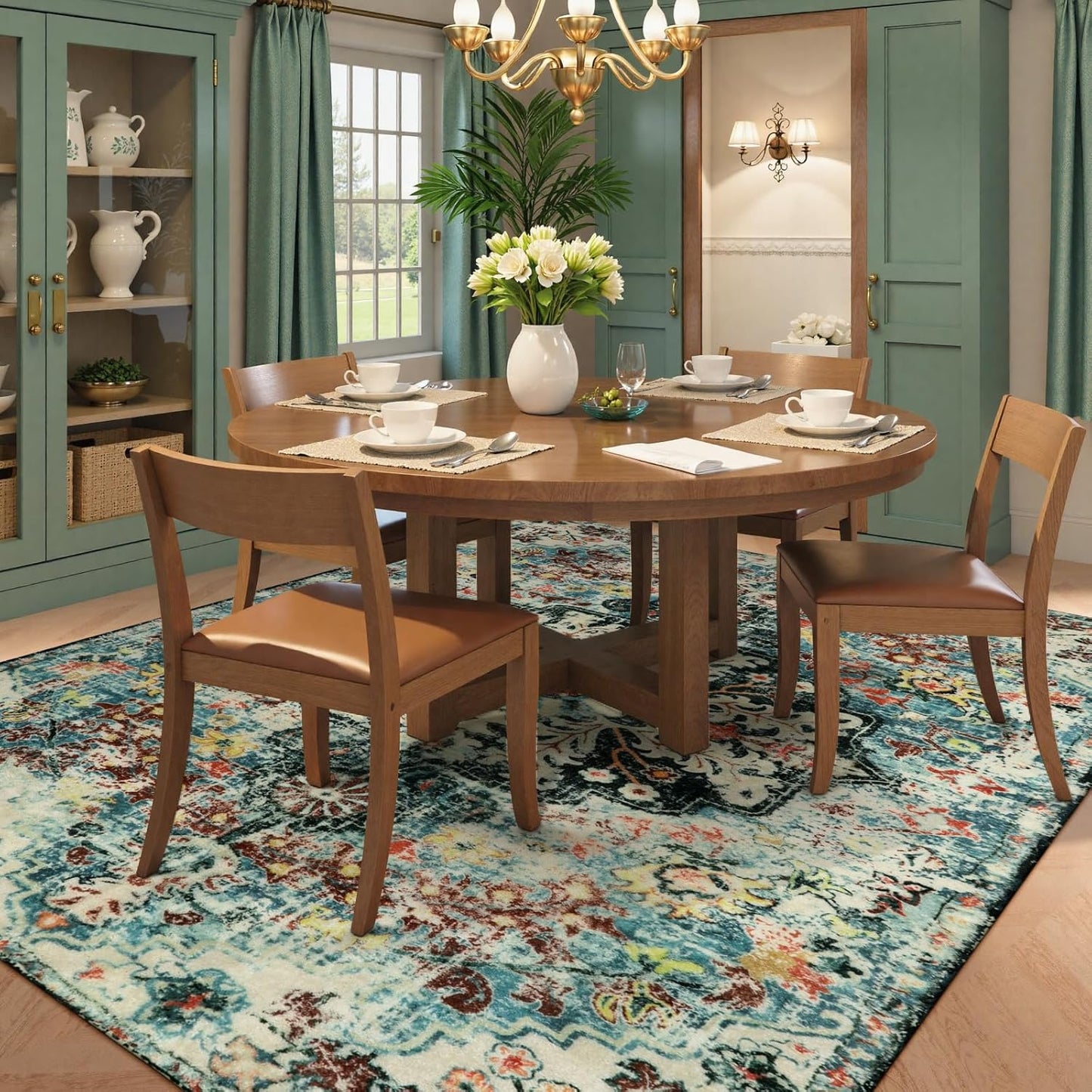 Lahome Area Rugs 9x12 Living Room Boho Washable Rugs 9x12,Large Boho Rugs for Bedroom Dining Room,Floral Soft Non-Slip Printed Low Pile Throw Indoor Floor Carpet for Nursery Kids Playroom(9x12ft,Teal)