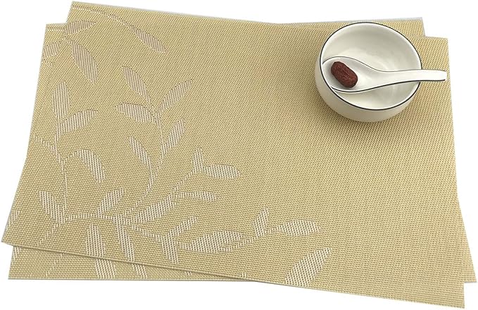 Gugrida Place Mats PVC Set of 6, Table Placemats Set of 6 PVC Washable Woven Vinyl Place Mats Heat Insulation Top Meal Mat Table Mats Natural Color (6 pcs, Yellow Leaves), Large