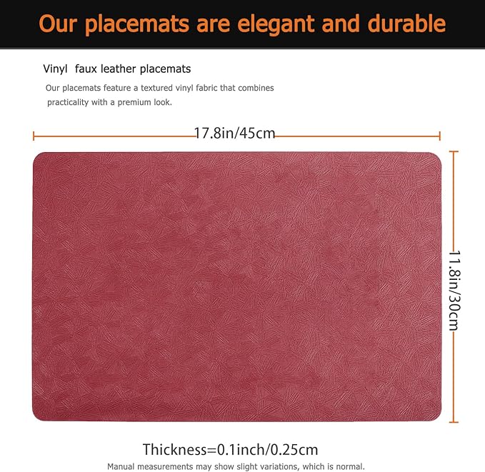 Vinyl Placemats Set of 6 Faux Leather 100% Waterproof Wipeable Washable Place Mats Heat Resistant Easy Clean Non-Slip Table Mats for Indoor Outdoor. (6,Red)