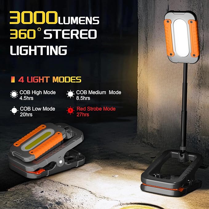 Rechargeable Work Light with Clamp, 3000LM Clip on Lamp with Magnet, Hook, Telescopic Stand, 360° Rotatable Portable LED Clamp Work Light for Boat, Job Site, Workshop, Car, Desk, Bench(1Pack)