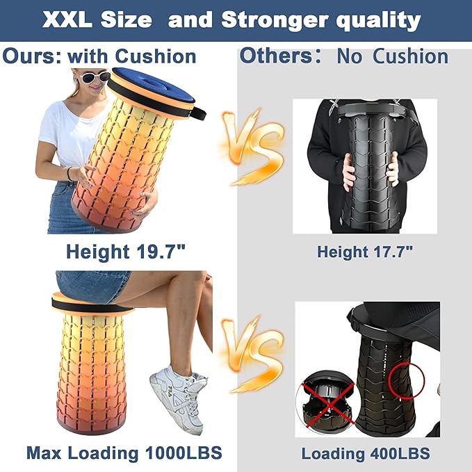 ALEVMOOM Upgraded XXL Telescoping Stool with Cushion,Taller 50cm Wider 30cm Collapsible More Sturdy Capacity 1000Lbs,Portable Camping Adjustable Stool for Garden Fishing Hiking Mountain BBQ (Fire)