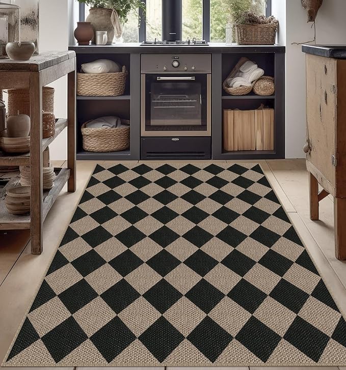 Easy Jute Checkered Area Rug, 4x6 Black Modern Washable Rugs for Living Room Non-Slip Low Pile Entryway Mat, Farmhouse Diamond Indoor Outdoor Carpet for Kitchen Backyard Bedroom Office