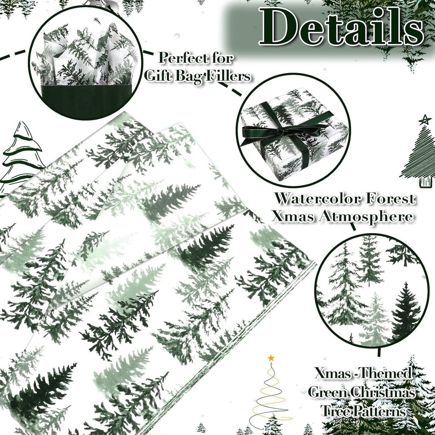 100 Sheets Christmas Tree Tissue Paper, 20x14in Forest Style Wrapping Tissue Watercolor Xmas Tree Art Tissue for Xmas Party Gift Bag Fillers Winter Party Decor (Green)