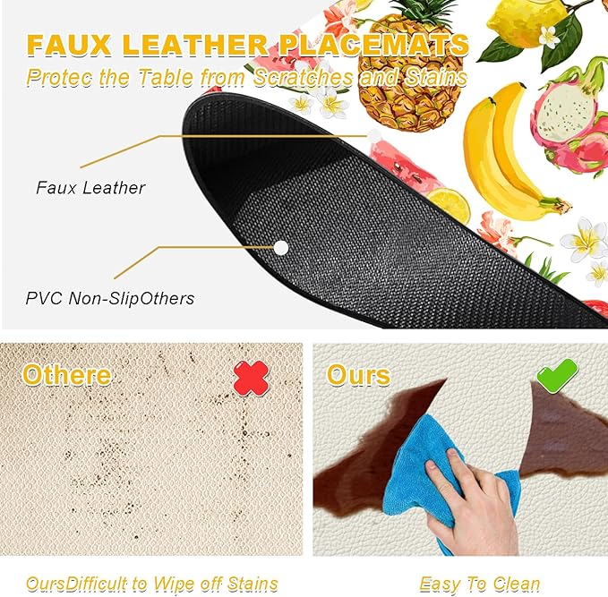 Fruit Placemats Set of 4 - Faux Leather Heat Resistant Placemats for Dinner Table, Non-Slip Waterproof Oil-Proof Washable Reusable Placemat for Indoor Outdoor Kitchen Decor, 15.75In*11.81In