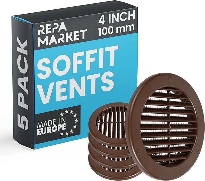 Repa Market 4 Inch (Opening) Brown Round Air Vent Cover - Pack of 5 Plastic Fresh Air Intake Vent - Grill Cover with Nylon Mesh Screen - Wall or Ceiling HVAC Return Air Register - Modern Soffit Vents