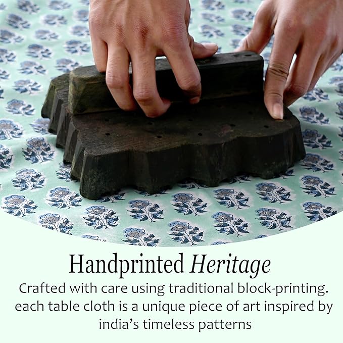 CPC Tablecloth 100% Cotton 80x120 Inch Indian Block Print Rectangle Table Cover, Washable Table Cloth for Weddings, Spring/Summer, Barbeque - Poppy Blue