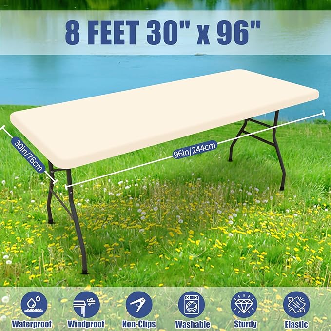 Spandex 8 Foot Rectangle Table Cloth 6 Pack, Elastic Fitted Tablecloths for Picnic, Stretch Washable Patio Table Cover for Outdoor, Camping, Banquet and Parties (Champagne, 30"x96")