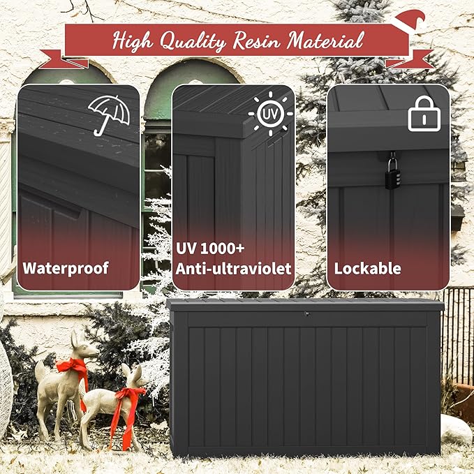NUNU LAB 230 Gallon Outdoor Storage Box, Large Resin Deck Box with Lockable Lid, Waterproof & UV-Resistant Patio Storage Bin for Garden Tools, Pool Accessories & Furniture, Black