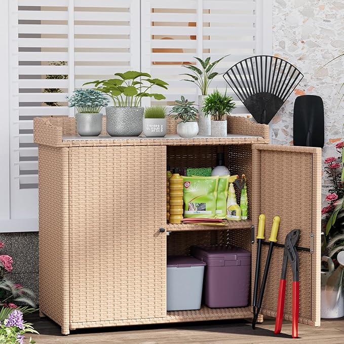 AECOJOY Outdoor Storage Cabinet & Potting Bench Table with Metal Top, Patio Storage Cabinet with Shelves and Adjustable Leg, Double Doors Garden Work Bench for Backyard, Patio, Lawn, Natural Wicker
