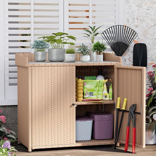AECOJOY Outdoor Storage Cabinet & Potting Bench Table with Metal Top, Patio Storage Cabinet with Shelves and Adjustable Leg, Double Doors Garden Work Bench for Backyard, Patio, Lawn, Natural Wicker