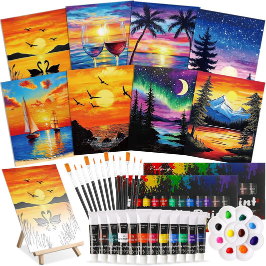 Cholemy 36 Pcs Paint and Sip Kit for Adults 8''x10'' Pre Drawn Canvas for Painting DIY Afro Acrylic Painting Kit Wood Easel Brushes Date Night Bulk for Christmas Party Gifts(Sunset)