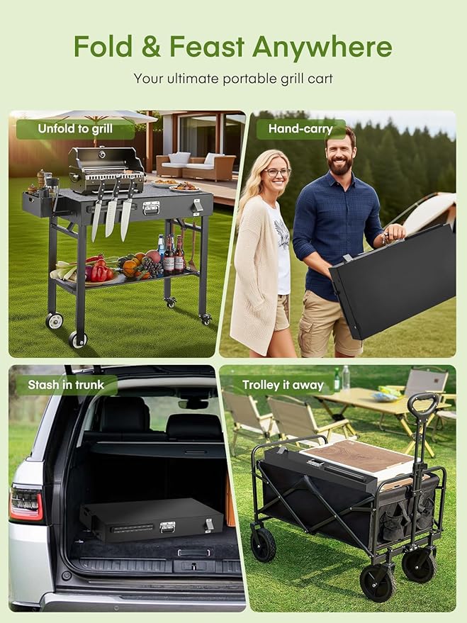 Grill Cart, Portable Outdoor Grill Table for Blackstone Griddle, Foldable Cart Table with Wheels, Griddle Stand with Paper Towel Holder, BBQ Prep Tables with Seasoning Tray