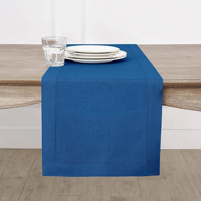 Solino Home Linen Indigo Blue Table Runner 156 Inches Long - 100% Pure Linen Extra Long Table Runner 14 x 156 Inch for Winter, Spring, Easter - Classic Hemstitch