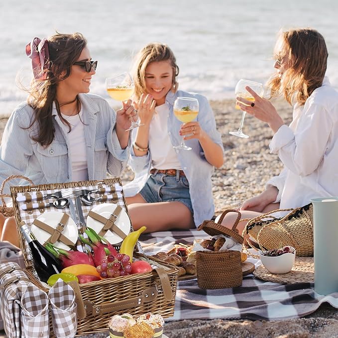 Neti Neti Wicker Picnic Basket for 4 with Insulated Cooler & Waterproof Blanket – Large Willow Picnic Hamper for Outdoor, Camping, Beach, Romantic Dates, Valentine’s Day