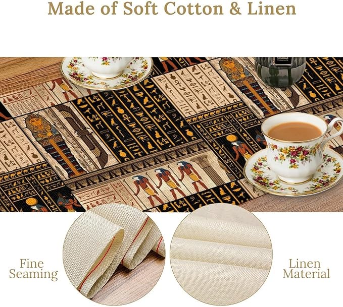 Ancient Egyptian Table Runner, Vintage Abstract Mystical Hieroglyphics Culture Table Runner for Dining Coffee Party Holiday Farmhouse 13x108in