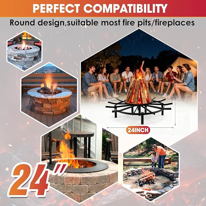 Fire Pit Grate & Fireplace Grate, Heavy Duty Heat Resistant Campfire Grill for Campfires and Outdoor fire pits(Black, 24in)