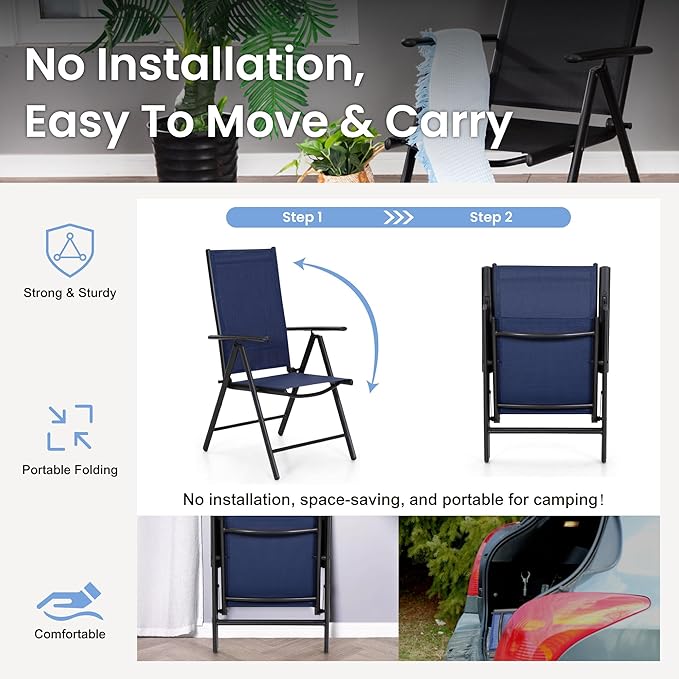 PHI VILLA 9 Piece Patio Dining Set, Patio Furniture Outdoor Dining Set with Adjustable Portable Patio Folding Chairs (Blue) & Large Patio Dining Table for Yard, Garden and Deck