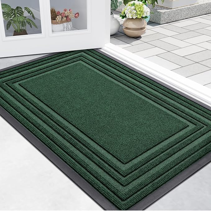 Buganda Front Door Mat Indoor Outdoor Entrance, Non-Slip Natural Rubber Doormats, Easy Clean, Low Profile, Dirt Trapper Entryway Floor Mats for Outside, Garages and Patios, 36x24, Green