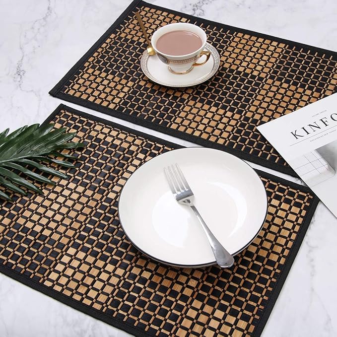 Placemats Set of 4 for Dining Table, Bamboo Place Mats for Kitchen Table Decor, Table Mats Heat Resistant & Non-Slip for Indoor/Outdoor Party, Table Placemats Set of 4 for Dinner Table Black