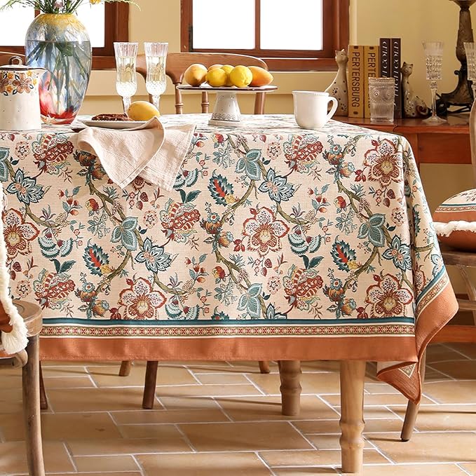 Linen Colorful Floral Rectangle Tablecloth,Vintage Indian Colorfast Block Print Table Cloth,Decorative Table Cover for Kitchen,Dining,Thanksgiving,Christmas,Party,55"*79"-Mangala