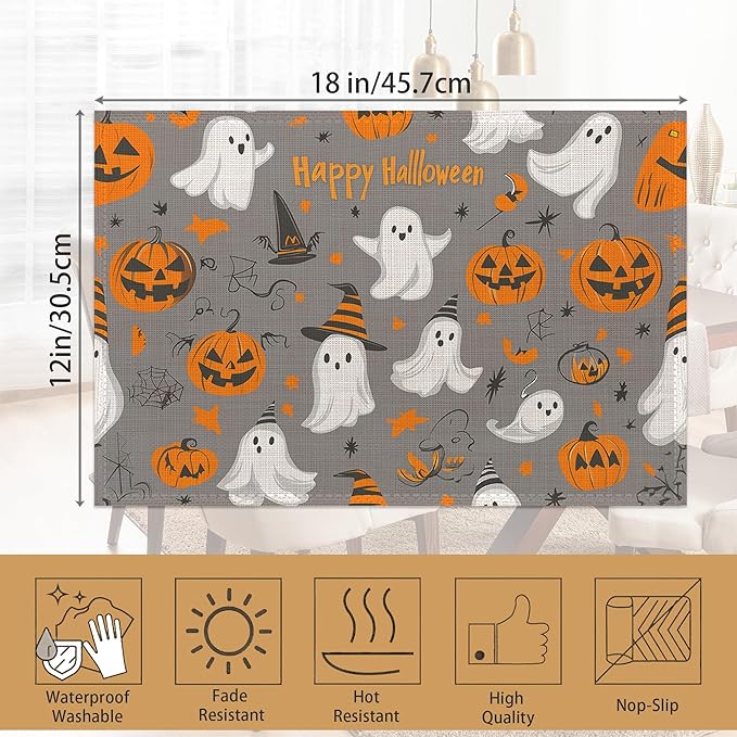 Placemats Set of 6,Pumpking Ghost Table Mats,Halloween Washable Linen Table Mats,Non-Slip Heat Resistant Placemats for Party Kitchen Dining Indoor Outdoor 12"x18"