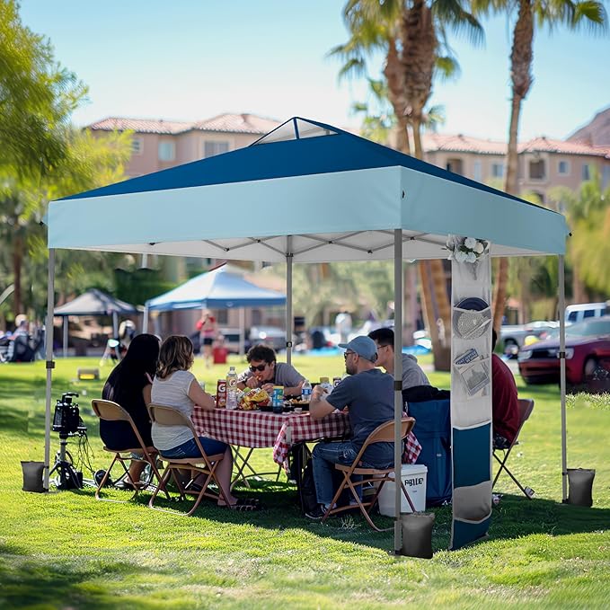 PHI VILLA 10x10ft 1-Person Setup Pop Up Canopy Tent Instant Portable Shelter w/ 1-Button Push, Case, 4 Weight Bags - Dark & Light Blue