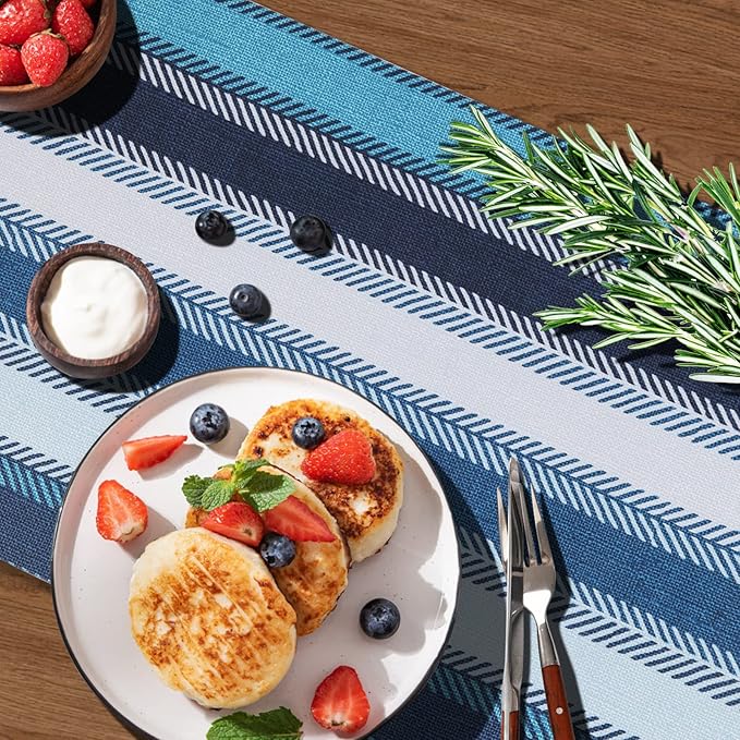 Trivet Table Runner Hot Plates Mat 12 X 40 Inch Heat Resistant Table Protector Waterproof Decorative Farmhouse Kitchen Trivets Counter Heat Proof Placemats for Hot Dishes (Blue Stripe)