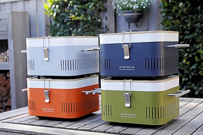 Everdure CUBE Portable Charcoal Grill, Tabletop BBQ, Perfect Tailgate, Beach, Patio, or Camping Grill, Lightweight & Compact Small Grill with Preparation Board & Food Storage Tray, Stone
